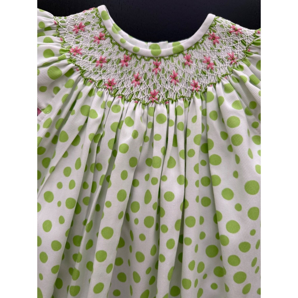 Amanda Remembered Handmade‎ Smocked Party Dress Girls Size 4T Green Polka Dot